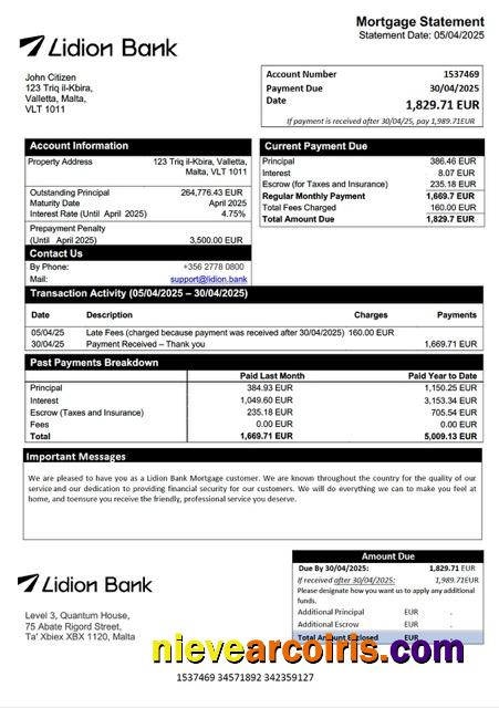 Malta Lidion Bank mortgage statement Word and PDF template